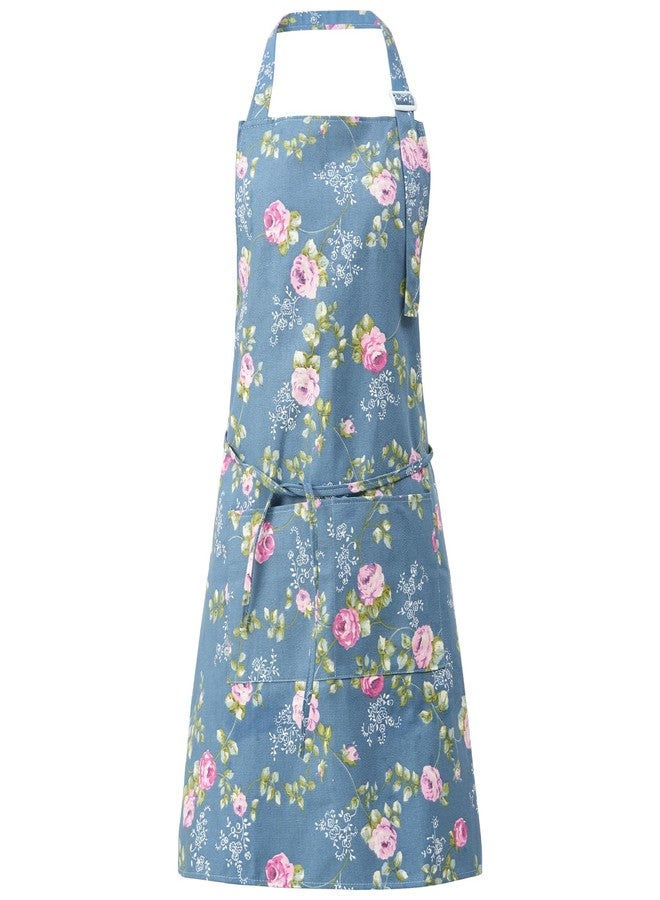 DILLMAN Aprons for Women with Pockets Cotton Linen Cooking Kitchen Baking Soft Durable Floral Gardening Apron (Blue) - Image 1